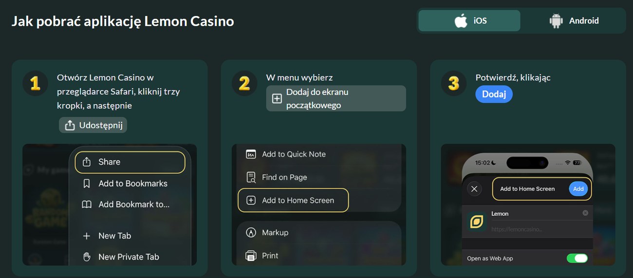 Jak pobrać aplikację Lemon Casino na iOS: Udostępnij, Dodaj do ekranu początkowego, Dodaj